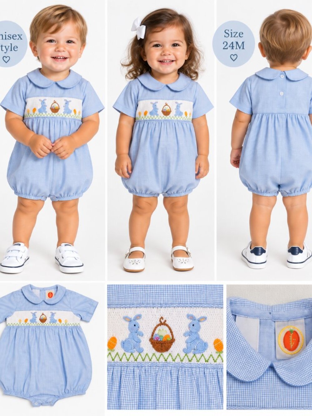 Southern Sunshine Kids 24M Bunny Smocked Romper Easter Heirloom Preppy Unisex